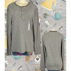 Gap L Gray Striped Button Down Neckline Cotton Blend Long Sleeve Henley Top